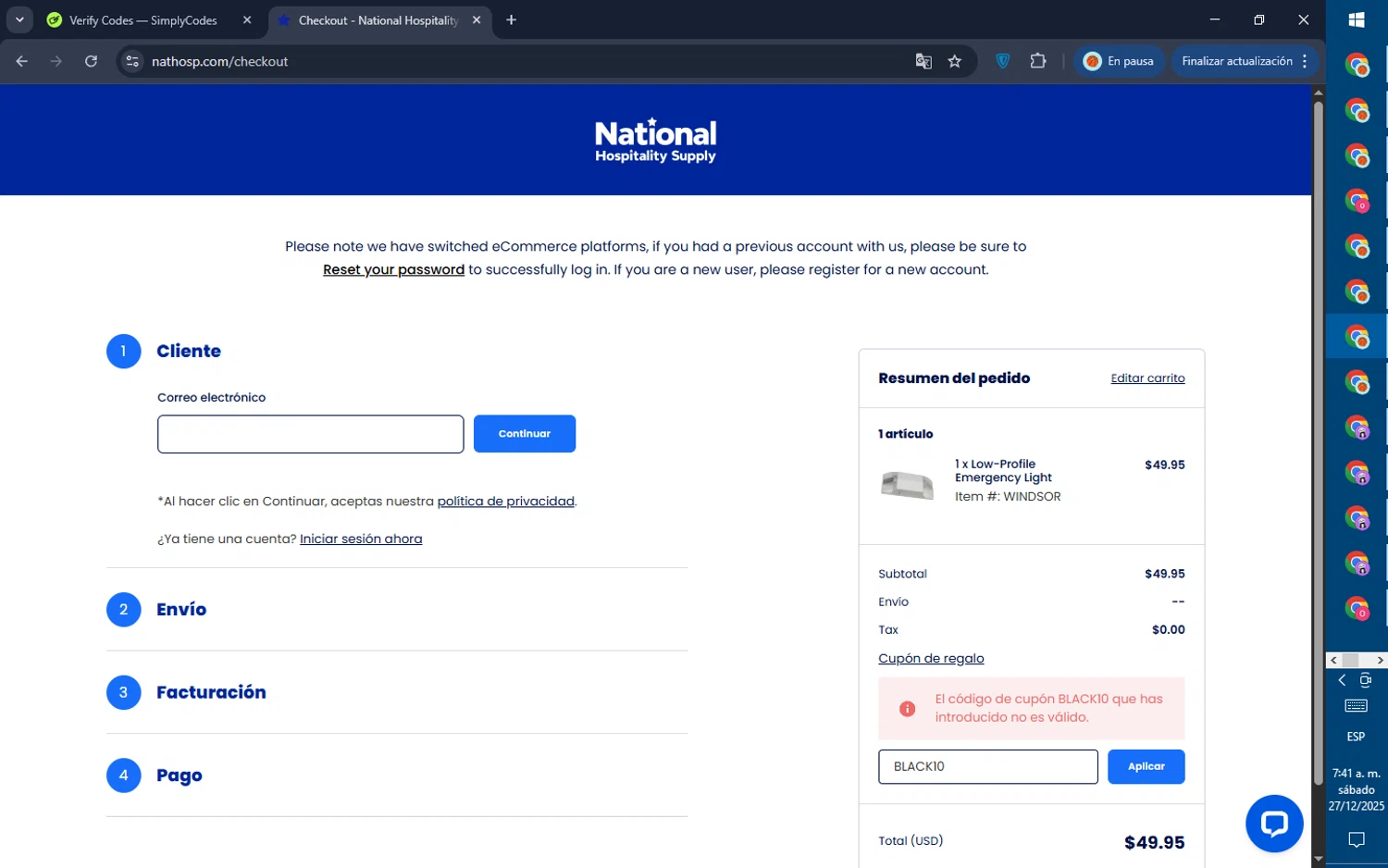 National Hospitality Supply promo code screenshot showing code BLACK10 applied at National Hospitality Supply checkout page. Uploaded by SimplyCodes community member GoldPilot5958 on Dec 27, 2025