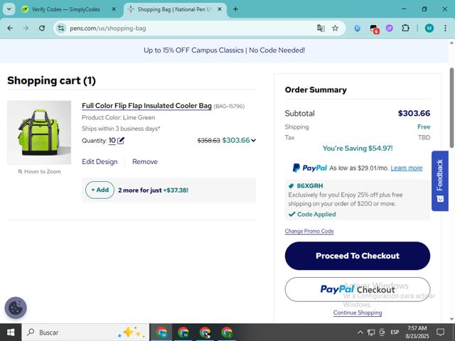 National Pen checkout page showing National Pen discount code box | Screenshot taken by SimplyCodes community member on Aug 23, 2025