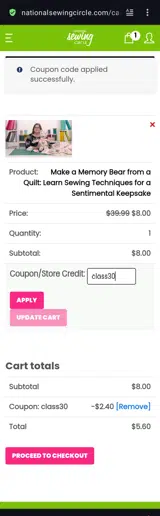 National Sewing Circle coupon verification screenshot