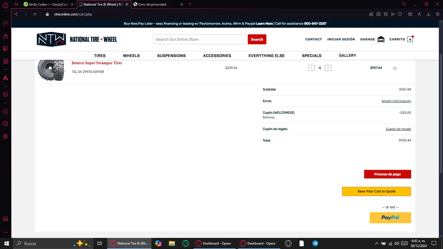 National Tire & Wheel promo code screenshot showing code WELCOME25 applied at National Tire & Wheel checkout page. Uploaded by SimplyCodes community member ThriftyPilot8227 on Dec 30, 2024