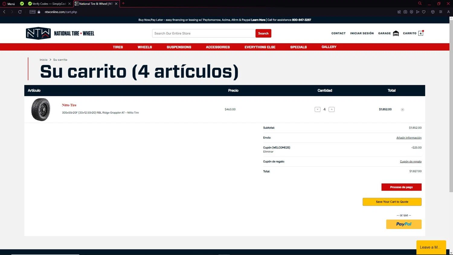 National Tire & Wheel promo code screenshot showing code WELCOME25 applied at National Tire & Wheel checkout page. Uploaded by SimplyCodes community member LegendarySeeker3956 on Feb 26, 2025