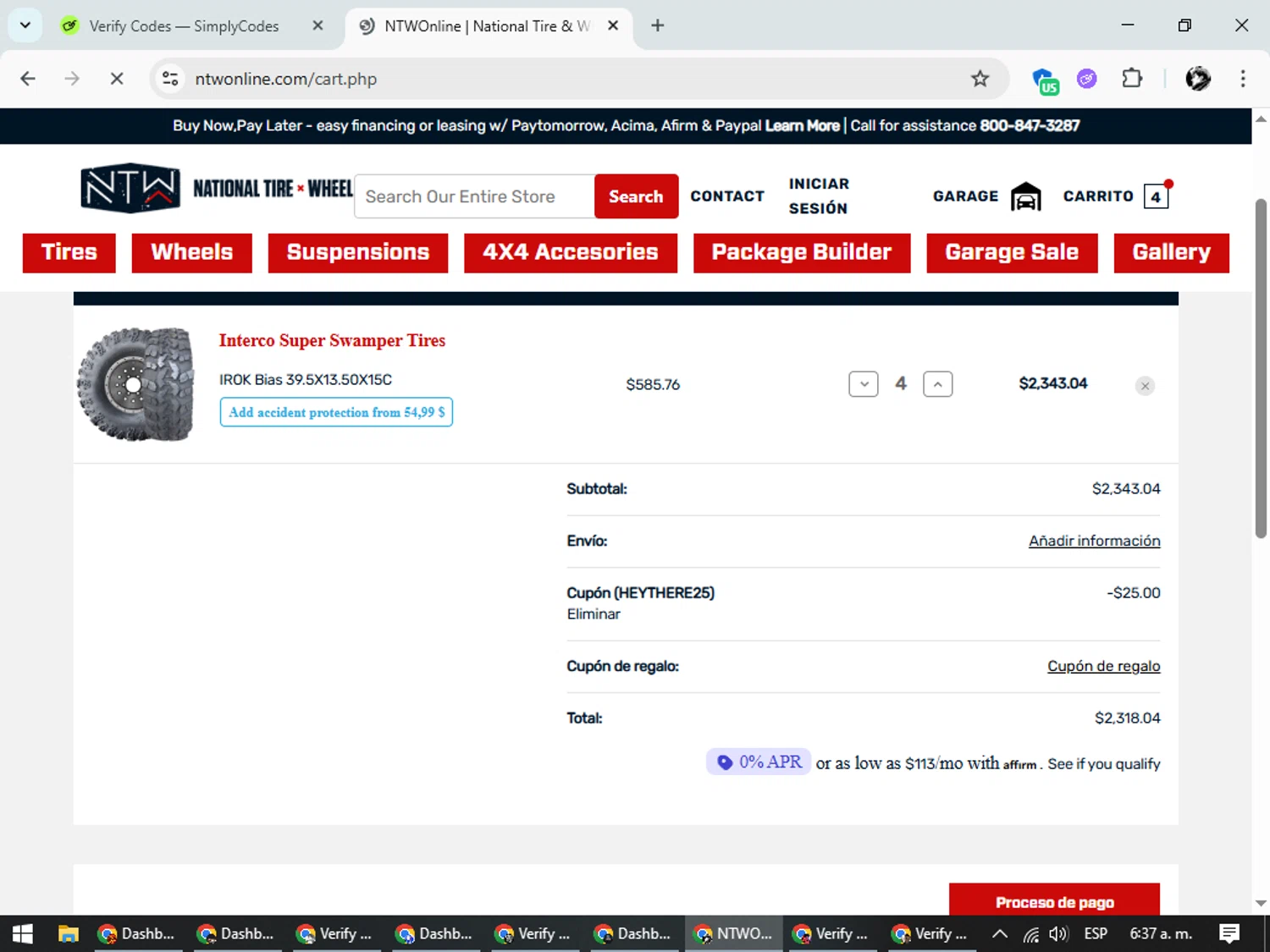 National Tire & Wheel promo code screenshot showing code HEYTHERE25 applied at National Tire & Wheel checkout page. Uploaded by SimplyCodes community member SavvyChaser6563 on Sep 26, 2025