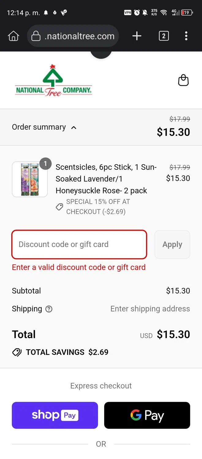National Tree Company discount code screenshot showing code SPECIAL_15%_OFF_AT_CHECKOUT applied at National Tree Company checkout page. Uploaded by SimplyCodes community member GumballWatterson on Jul 23, 2025