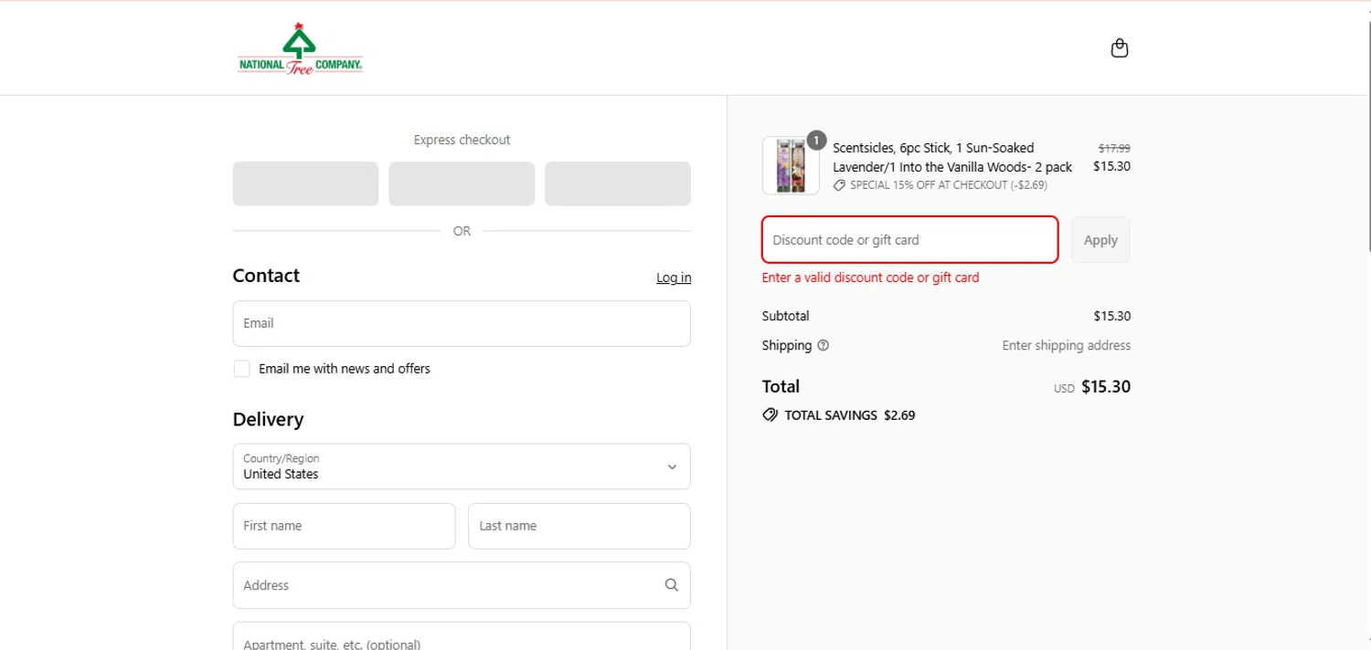 National Tree Company discount code screenshot showing code SPECIAL_15%_OFF_AT_CHECKOUT applied at National Tree Company checkout page. Uploaded by SimplyCodes community member melano on Jul 23, 2025