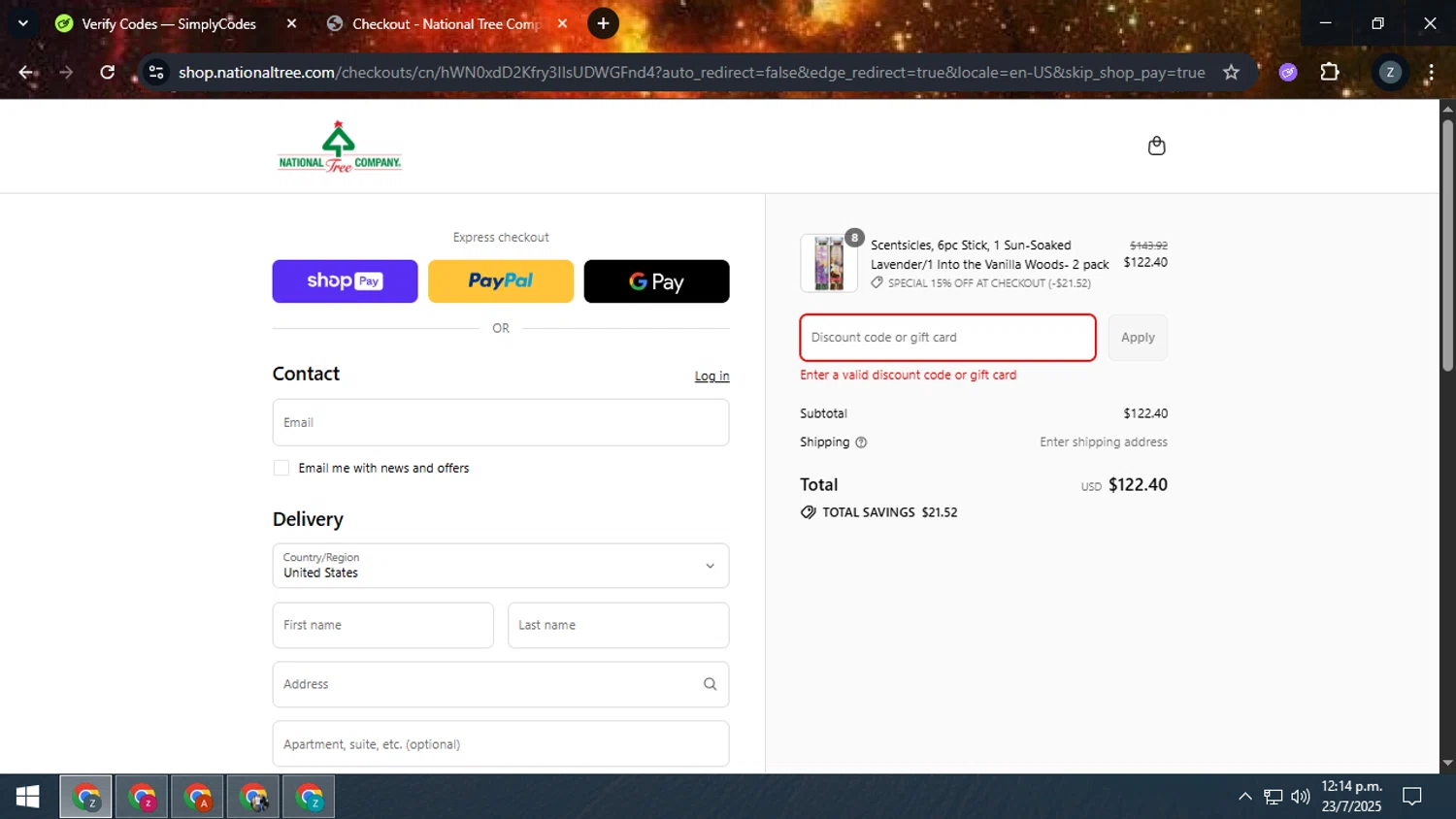 National Tree Company discount code screenshot showing code SPECIAL_15%_OFF_AT_CHECKOUT applied at National Tree Company checkout page. Uploaded by SimplyCodes community member zadquiel on Jul 23, 2025