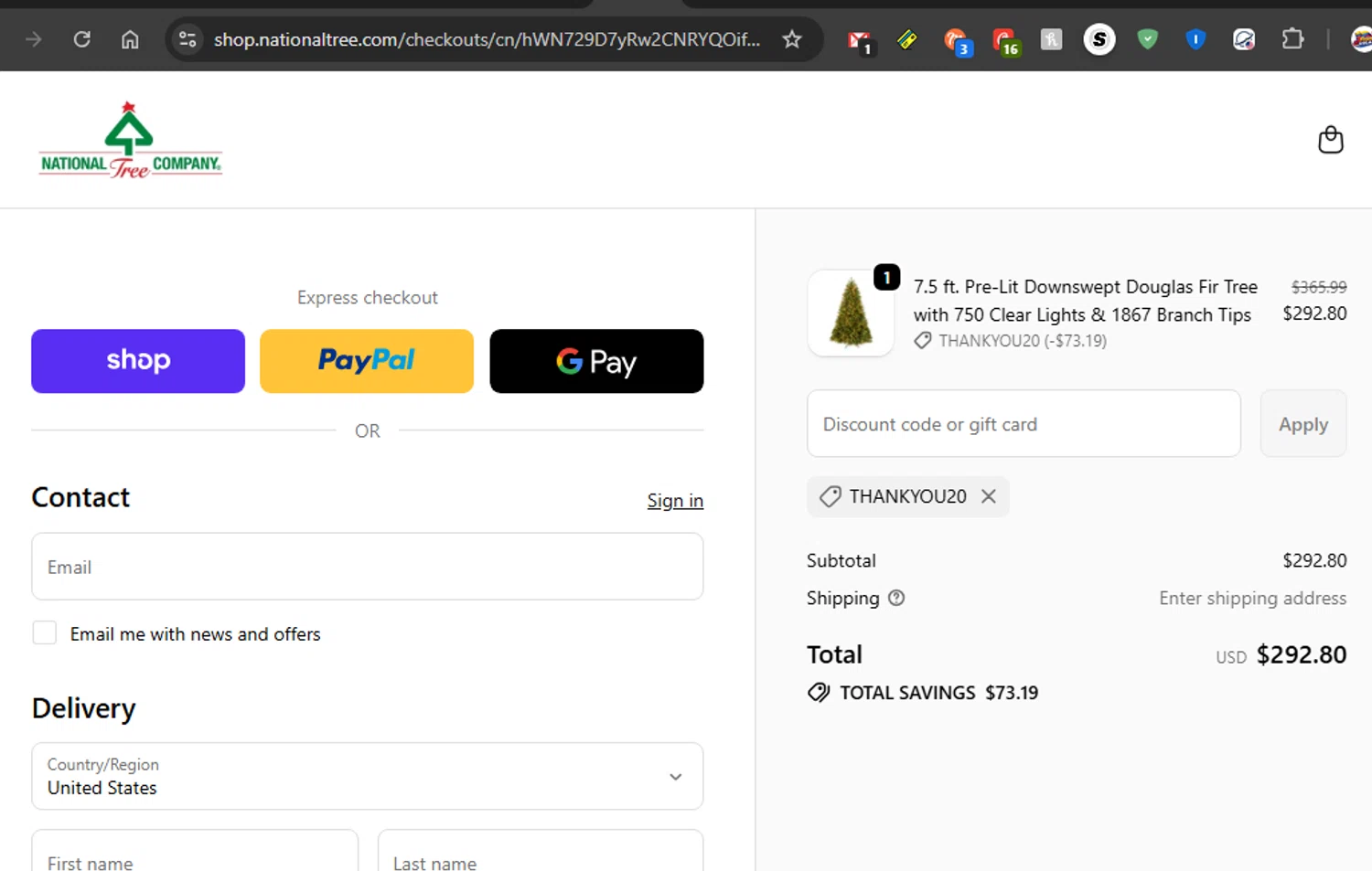 National Tree Company discount code screenshot showing code THANKYOU20 applied at National Tree Company checkout page. Uploaded by SimplyCodes community member couponcheck02 on Dec 30, 2025