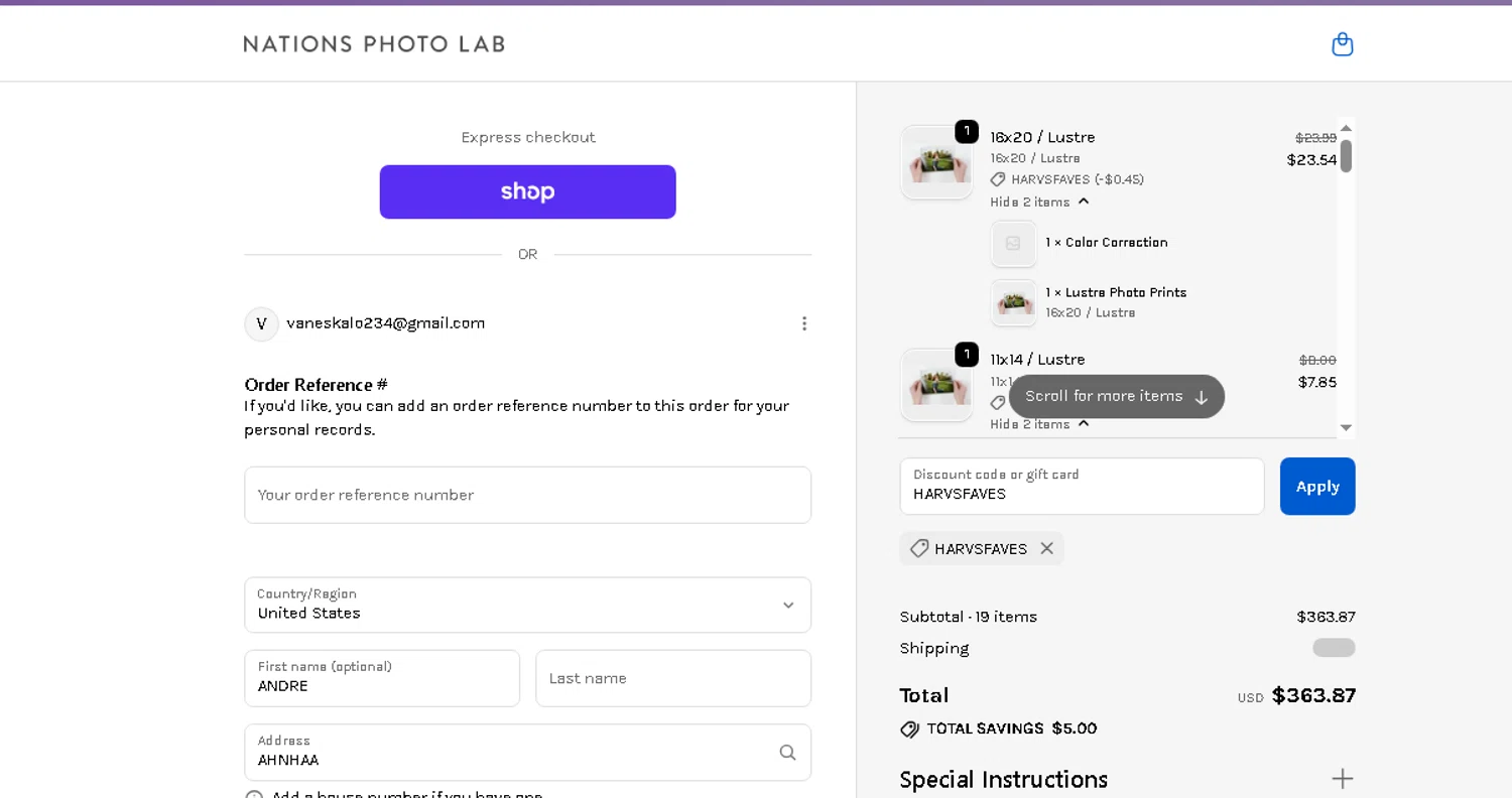 Nations Photo Lab promo code screenshot showing code HARVSFAVES applied at Nations Photo Lab checkout page. Uploaded by SimplyCodes community member beatrizcastillo on Jun 4, 2026