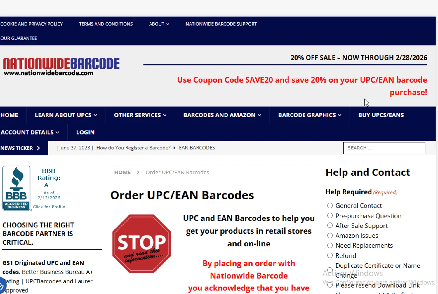 Nationwide Barcode promo code screenshot showing code Save20 applied at Nationwide Barcode checkout page. Uploaded by SimplyCodes community member WonderW on Feb 12, 2026