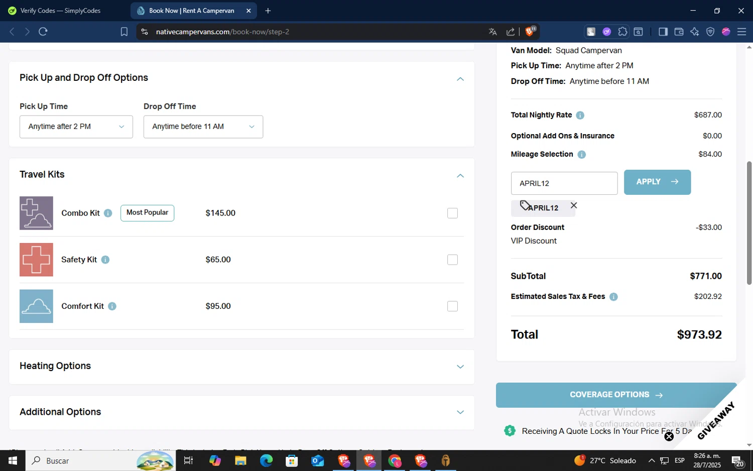 Native Campervans promo code screenshot showing code APRIL12 applied at Native Campervans checkout page. Uploaded by SimplyCodes community member TokenSaver1205 on Jul 28, 2025