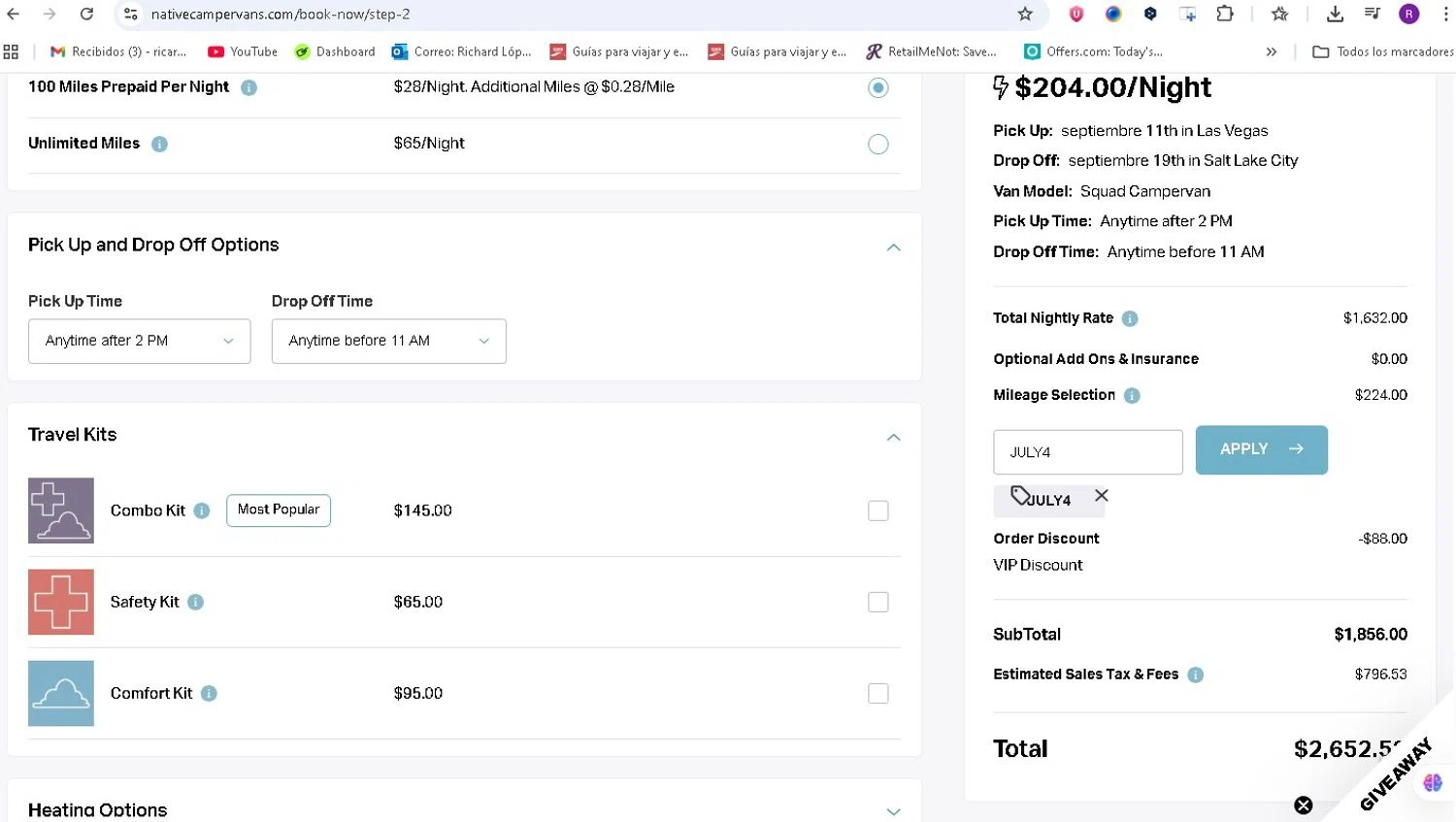 Native Campervans promo code screenshot showing code JULY4 applied at Native Campervans checkout page. Uploaded by SimplyCodes community member LAMINEJAMAL on Aug 29, 2025