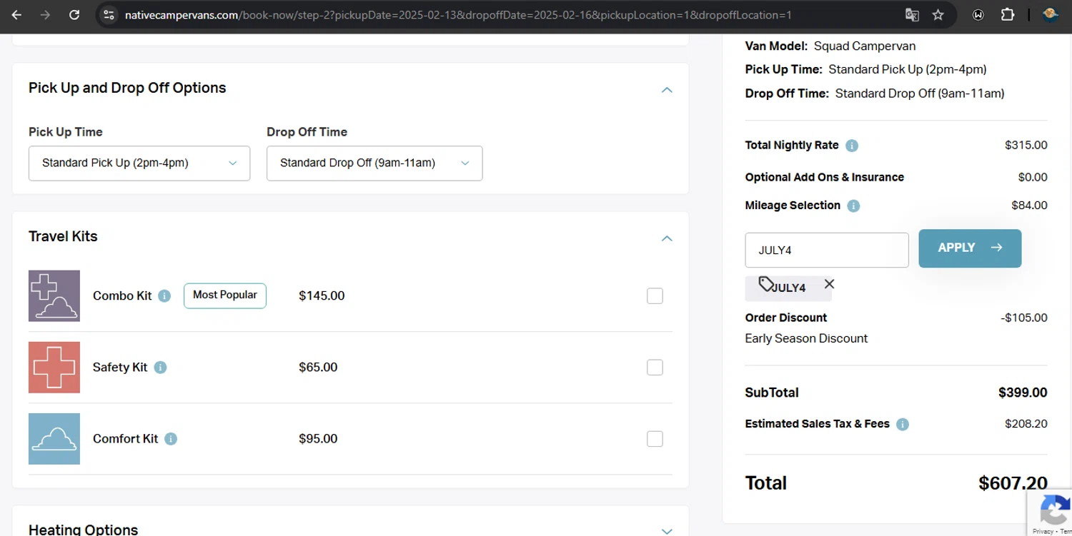 Native Campervans promo code screenshot showing code JULY4 applied at Native Campervans checkout page. Uploaded by SimplyCodes community member RoyalSpotter5217 on Feb 10, 2025
