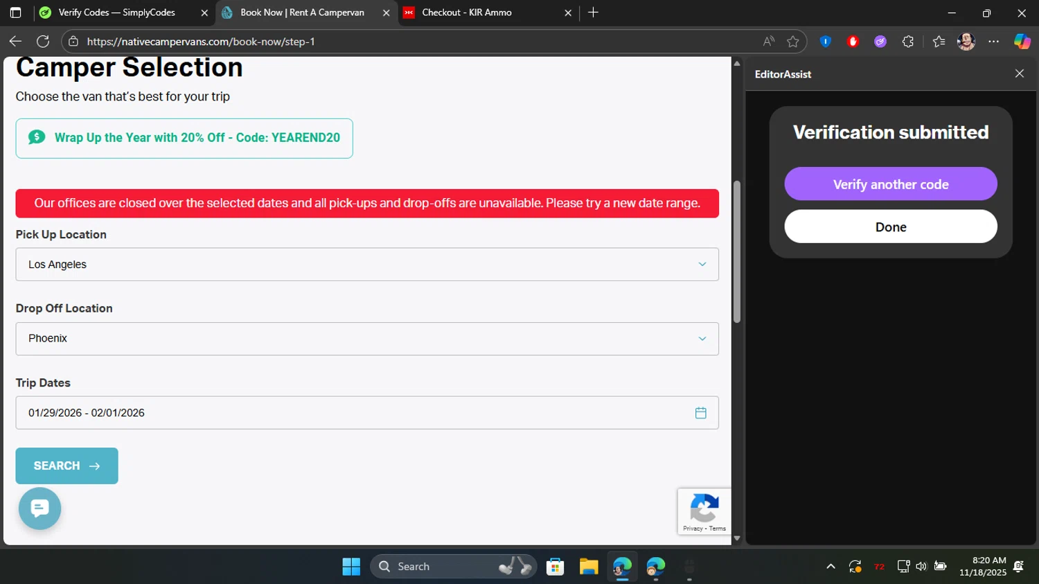 Native Campervans promo code screenshot showing code YEAREND20 applied at Native Campervans checkout page. Uploaded by SimplyCodes community member Blackleg_Sanji on Nov 18, 2025