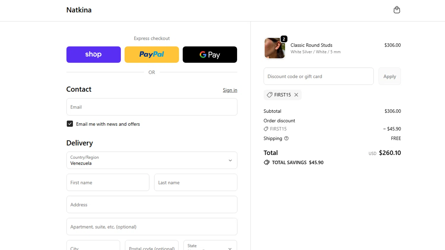 Natkina promo code screenshot showing code FIRST15 applied at Natkina checkout page. Uploaded by SimplyCodes community member enzoonova on Oct 25, 2025