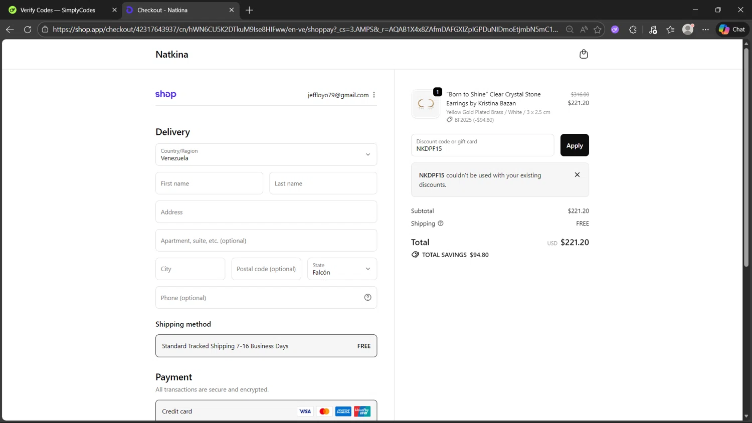 Natkina promo code screenshot showing code NKDPF15 applied at Natkina checkout page. Uploaded by SimplyCodes community member dragonjeffer_93a9 on Dec 8, 2025
