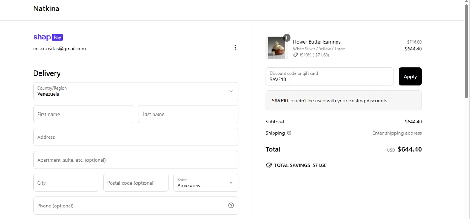 Natkina promo code screenshot showing code SAVE10 applied at Natkina checkout page. Uploaded by SimplyCodes community member BrilliantFalcon6936 on Jun 9, 2025