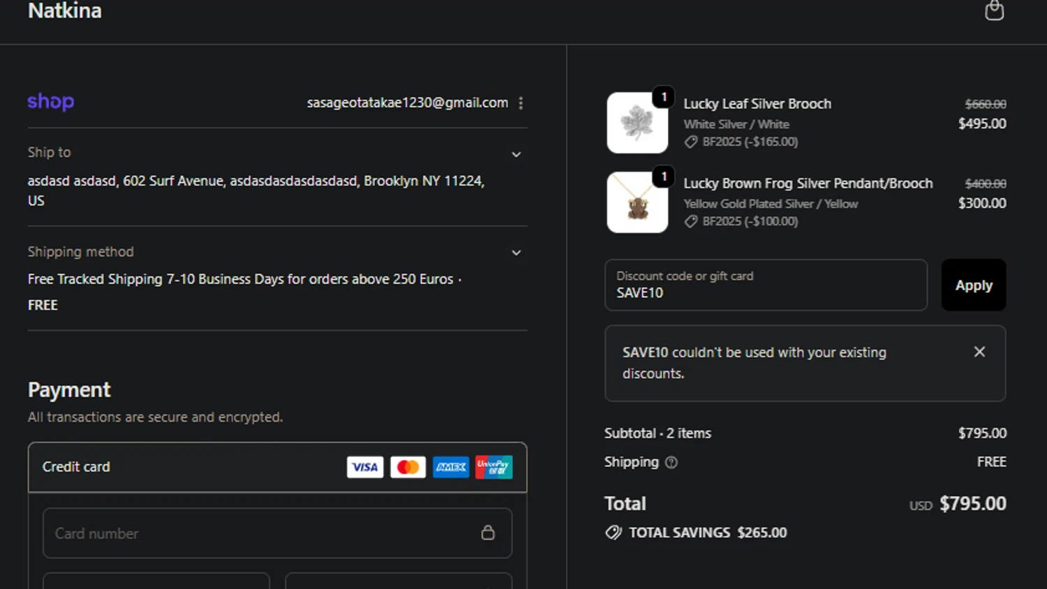 Natkina promo code screenshot showing code SAVE10 applied at Natkina checkout page. Uploaded by SimplyCodes community member PedroNavaja on Nov 28, 2025