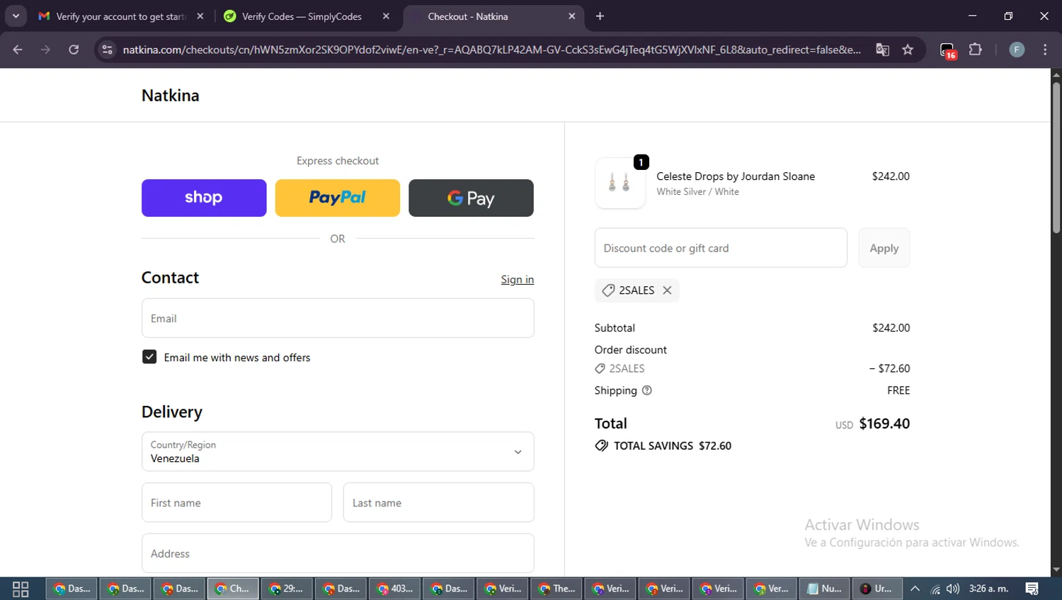 Natkina promo code screenshot showing code 2SALES applied at Natkina checkout page. Uploaded by SimplyCodes community member DiscountRanger4509 on Dec 3, 2025