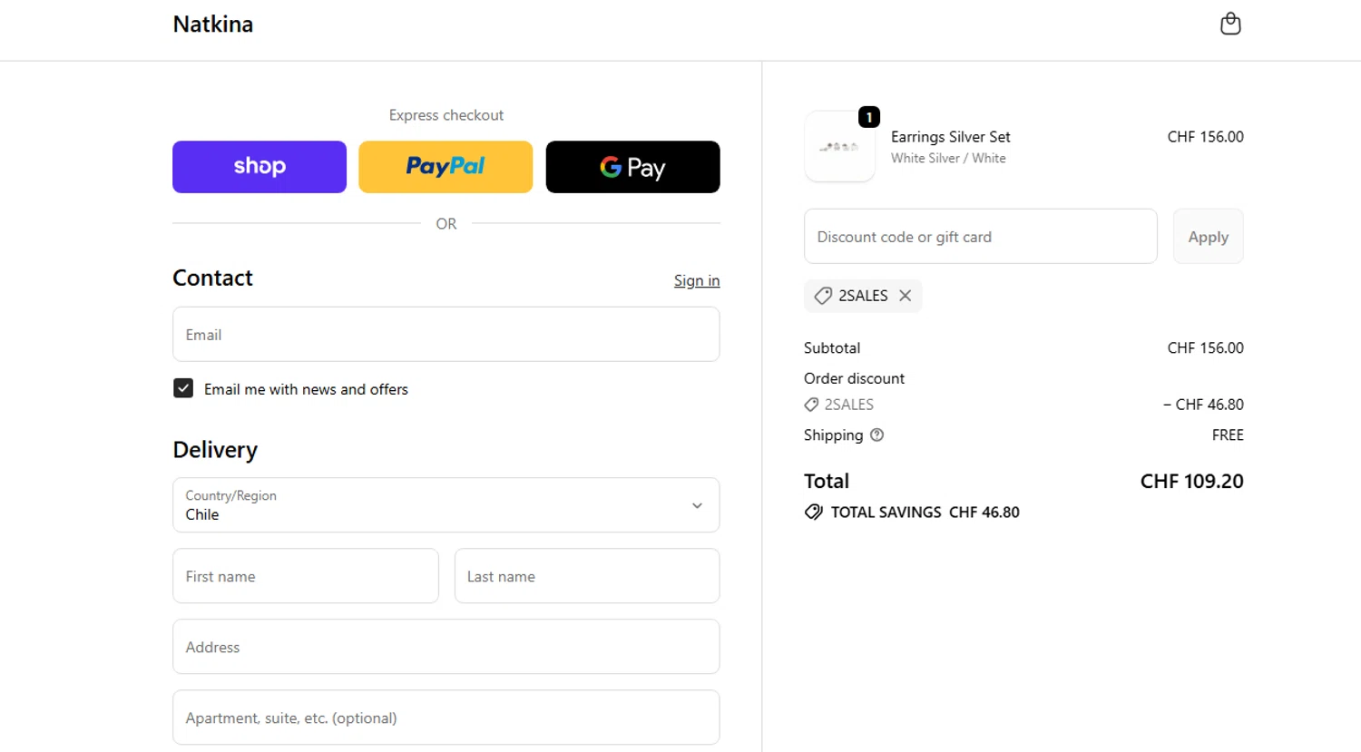 Natkina promo code screenshot showing code 2SALES applied at Natkina checkout page. Uploaded by SimplyCodes community member RichterBelmont on Oct 21, 2025