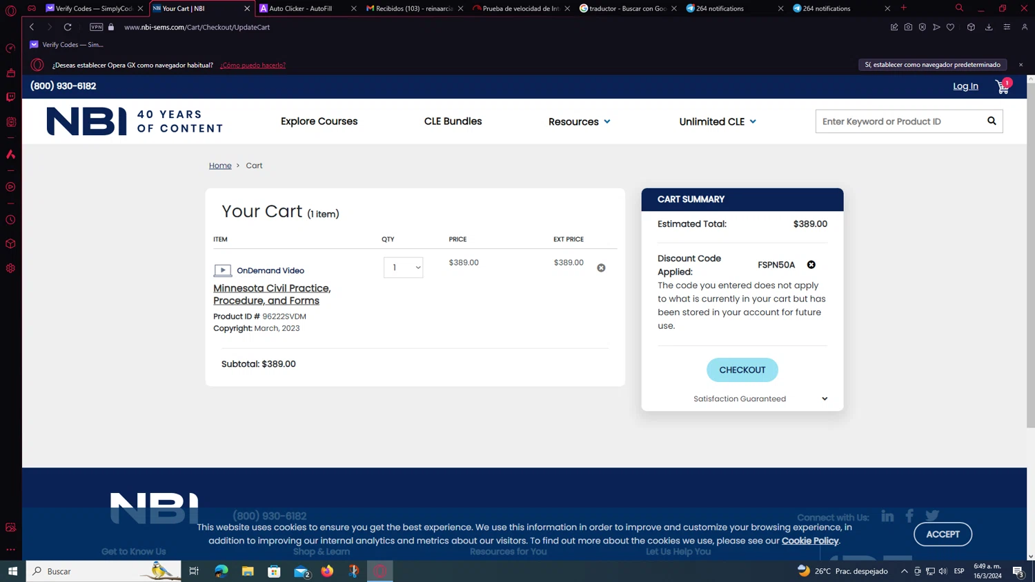 National Business Institute checkout page showing National Business Institute discount code box | Screenshot taken by SimplyCodes community member on Mar 16, 2024