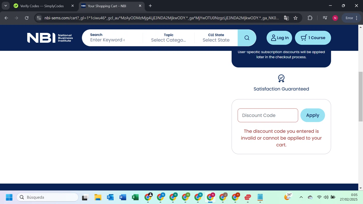 National Business Institute discount code screenshot showing code FSPI50A applied at National Business Institute checkout page. Uploaded by SimplyCodes community member FortunateVirtuoso9599 on Feb 27, 2025