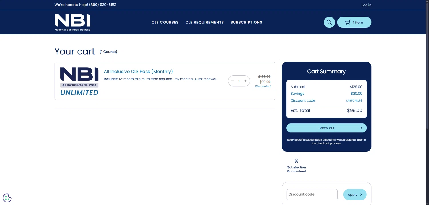 National Business Institute discount code screenshot showing code LASTCALL99 applied at National Business Institute checkout page. Uploaded by SimplyCodes community member Dorothy on Dec 30, 2025
