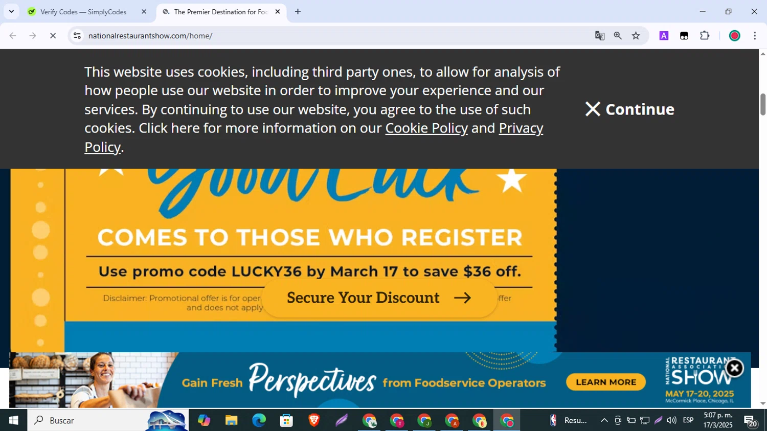 National Restaurant Association Show checkout page showing National Restaurant Association Show promo code box | Screenshot taken by SimplyCodes community member on Mar 17, 2025