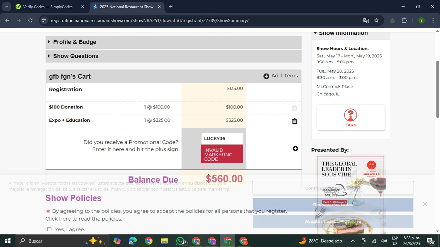 National Restaurant Association Show promo code screenshot showing code LUCKY36 applied at National Restaurant Association Show checkout page. Uploaded by SimplyCodes community member RewardMaverick445 on Mar 27, 2025