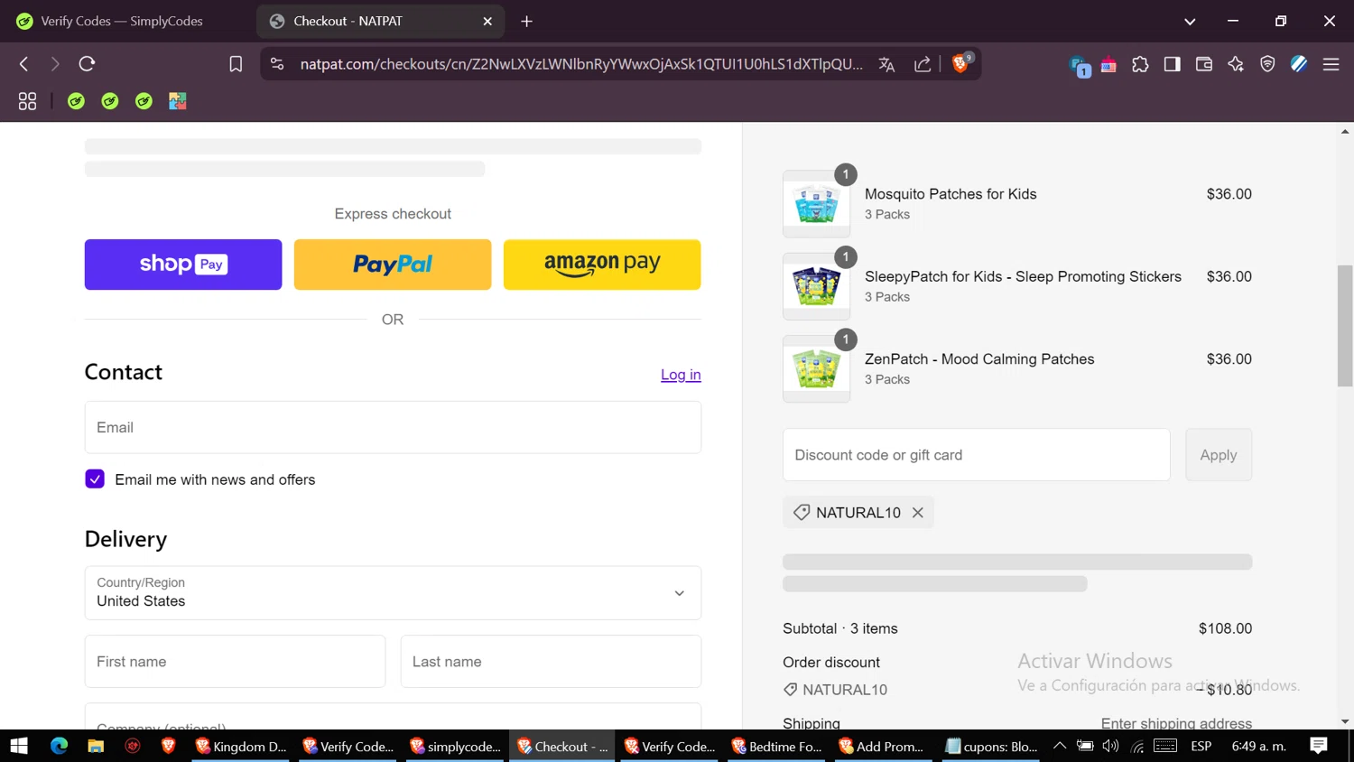 NATPAT AU promo code screenshot showing code NATURAL10 applied at NATPAT AU checkout page. Uploaded by SimplyCodes community member VictoriousSaver2809 on Feb 22, 2025