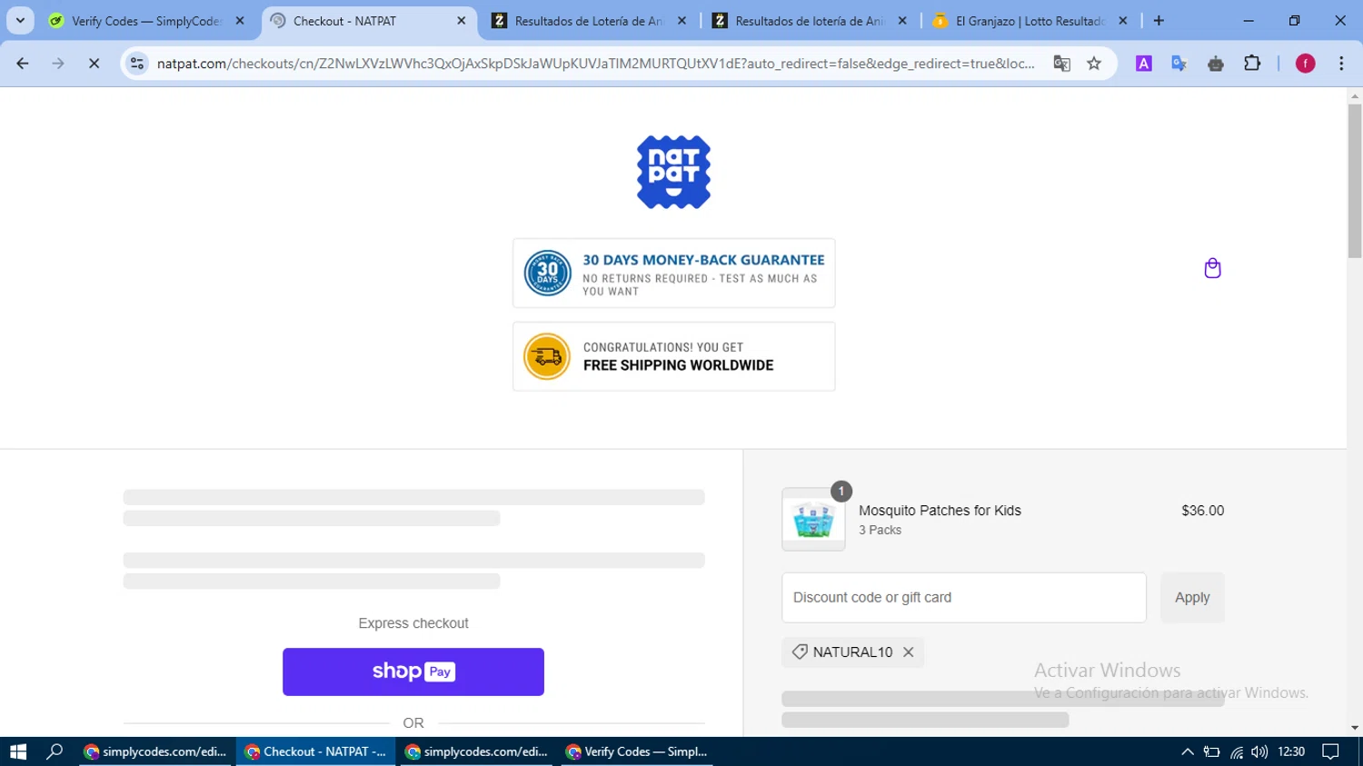 NATPAT AU promo code screenshot showing code NATURAL10 applied at NATPAT AU checkout page. Uploaded by SimplyCodes community member fausguillermo on Jan 24, 2025