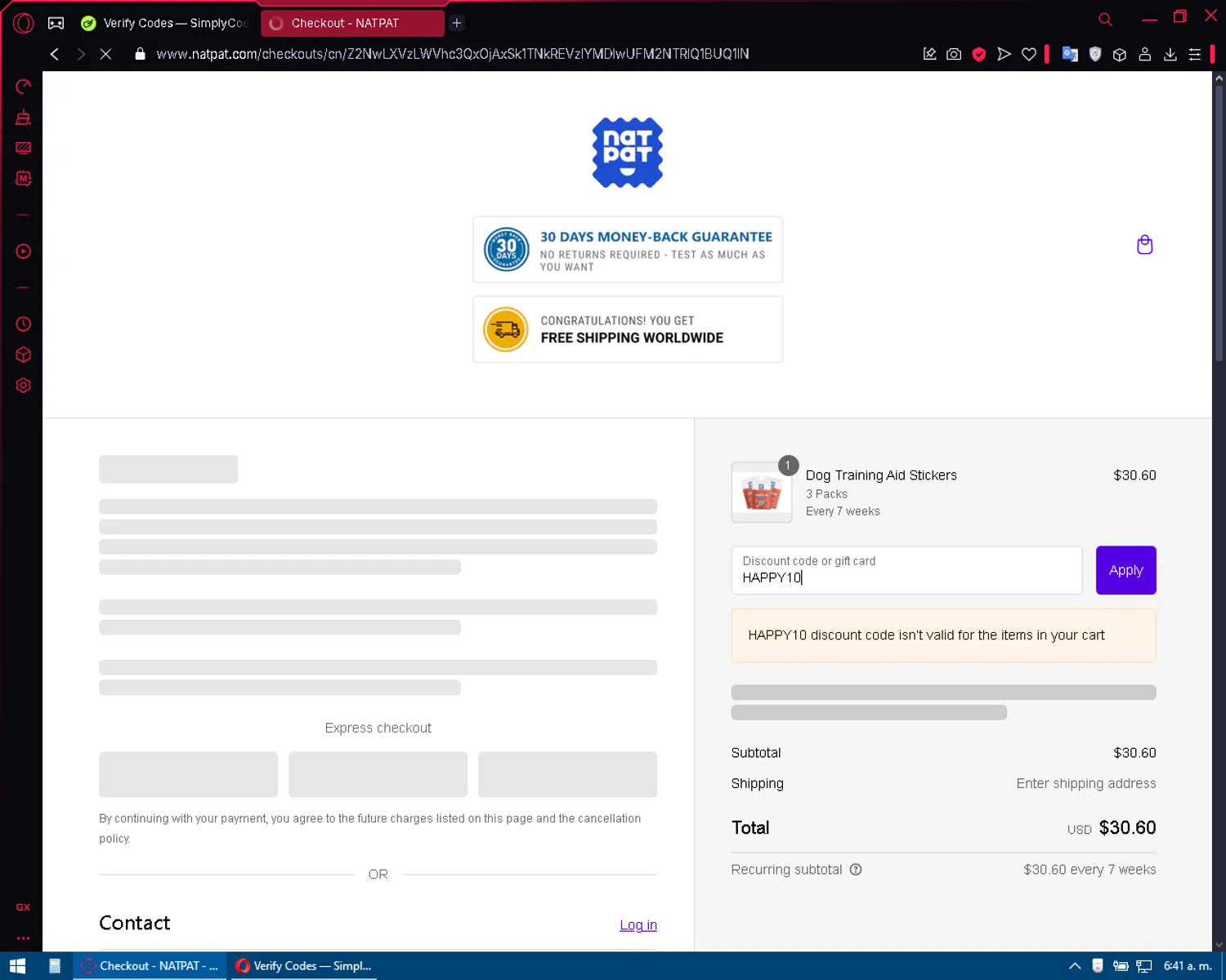 NATPAT AU promo code screenshot showing code HAPPY10 applied at NATPAT AU checkout page. Uploaded by SimplyCodes community member XXXTENTACION on Feb 23, 2025