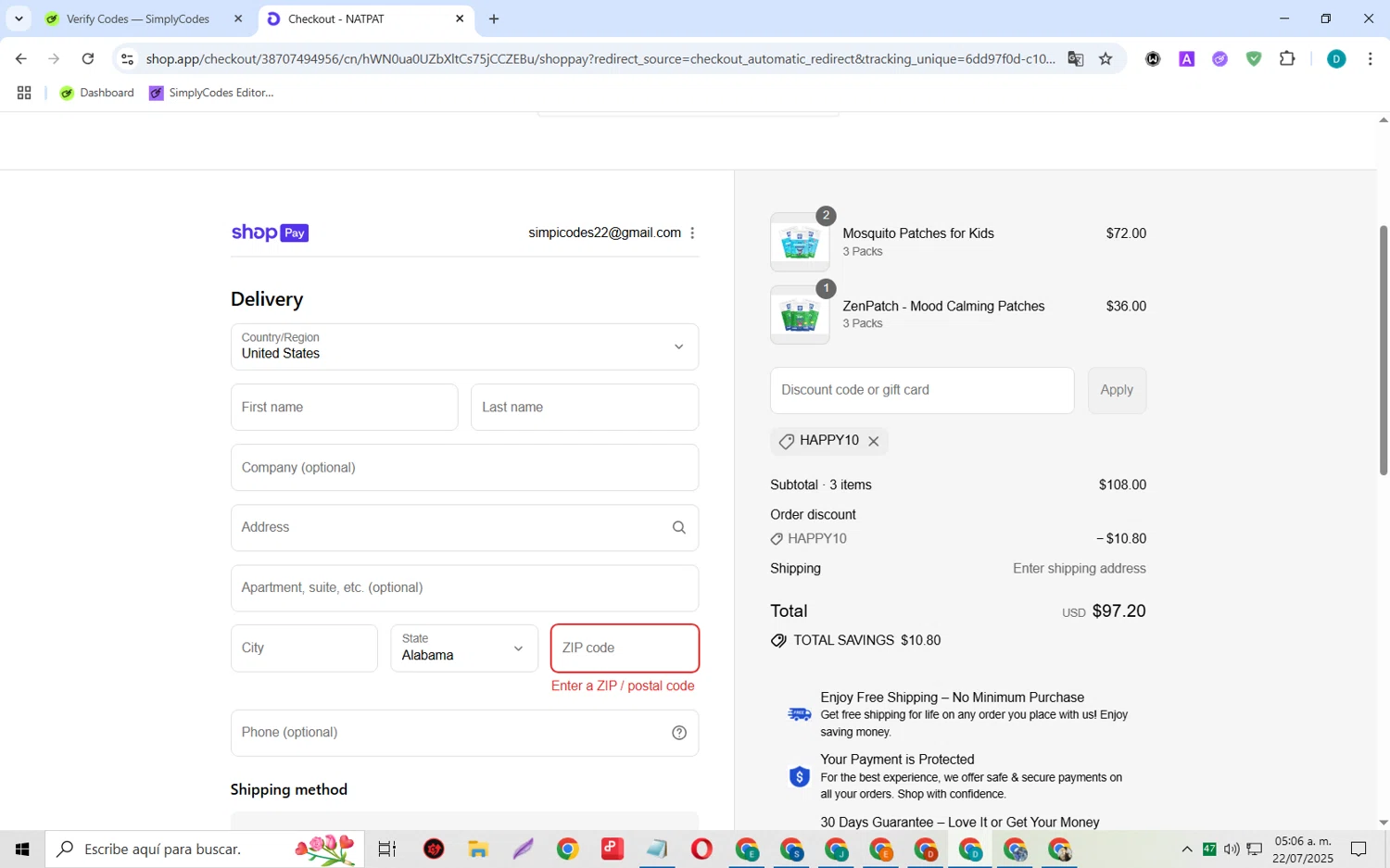 NATPAT AU promo code screenshot showing code HAPPY10 applied at NATPAT AU checkout page. Uploaded by SimplyCodes community member MagnificentCollector5368 on Jul 22, 2025