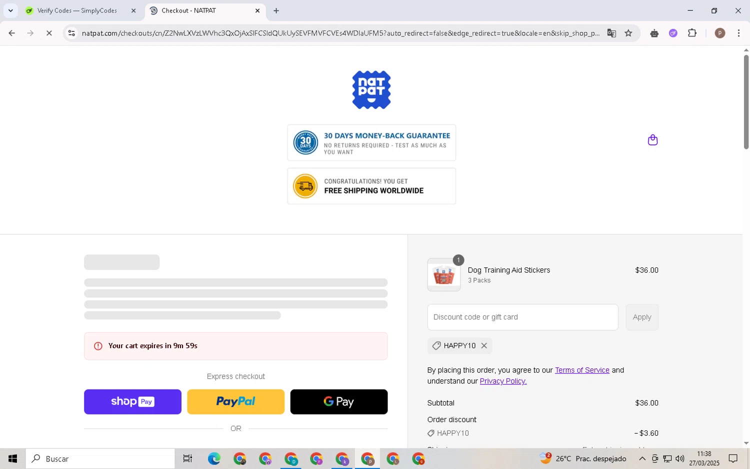 NATPAT AU promo code screenshot showing code HAPPY10 applied at NATPAT AU checkout page. Uploaded by SimplyCodes community member RoyalSleuth6331 on Mar 27, 2025