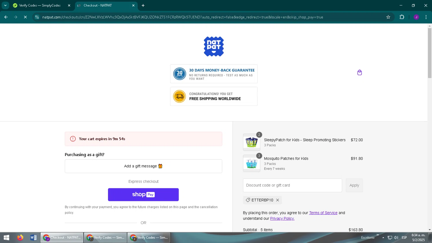 NATPAT AU promo code screenshot showing code ETTERBP10 applied at NATPAT AU checkout page. Uploaded by SimplyCodes community member ComeBurra123 on Feb 5, 2025