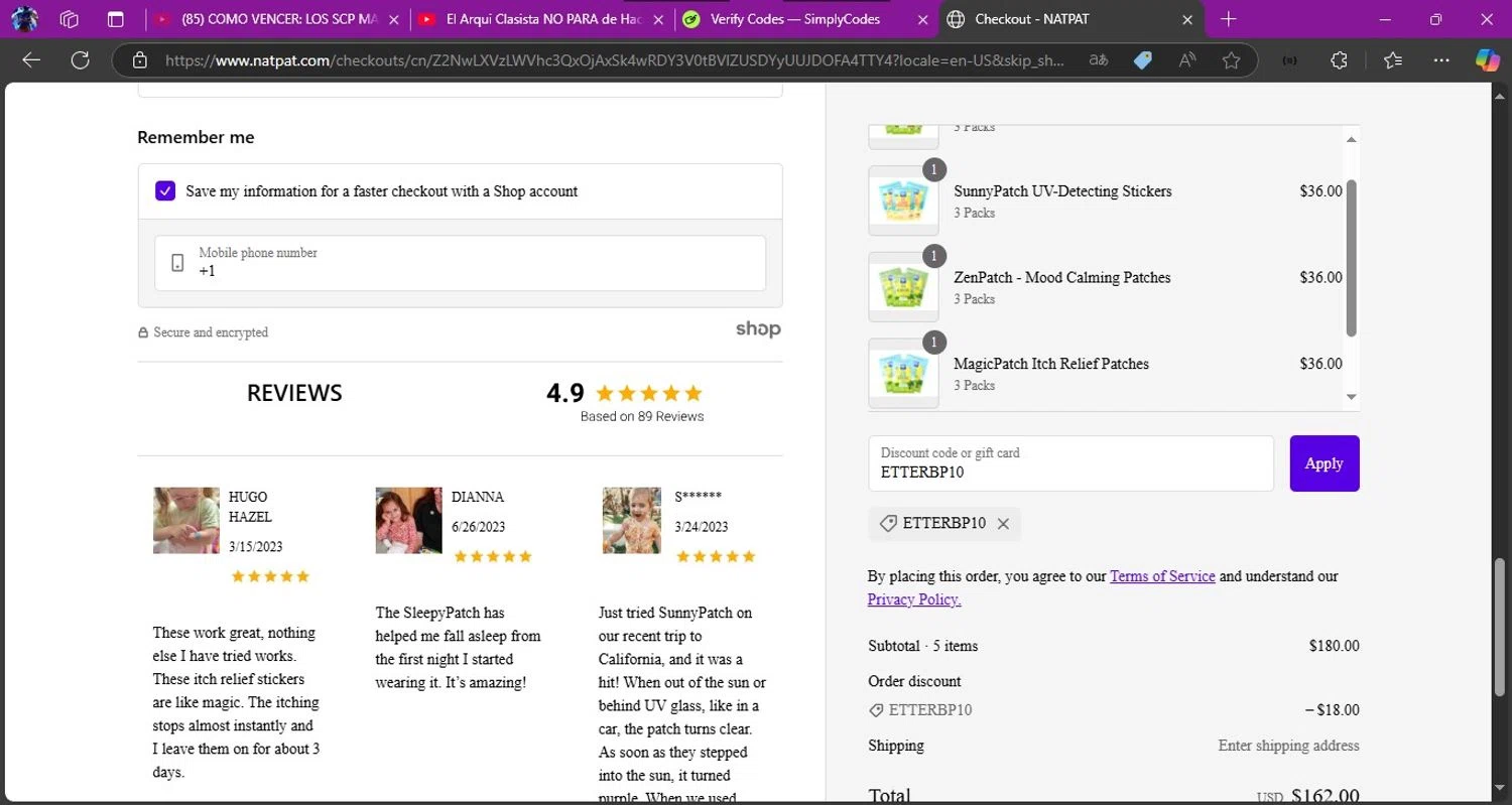 NATPAT AU promo code screenshot showing code ETTERBP10 applied at NATPAT AU checkout page. Uploaded by SimplyCodes community member 61664350 on Feb 26, 2025