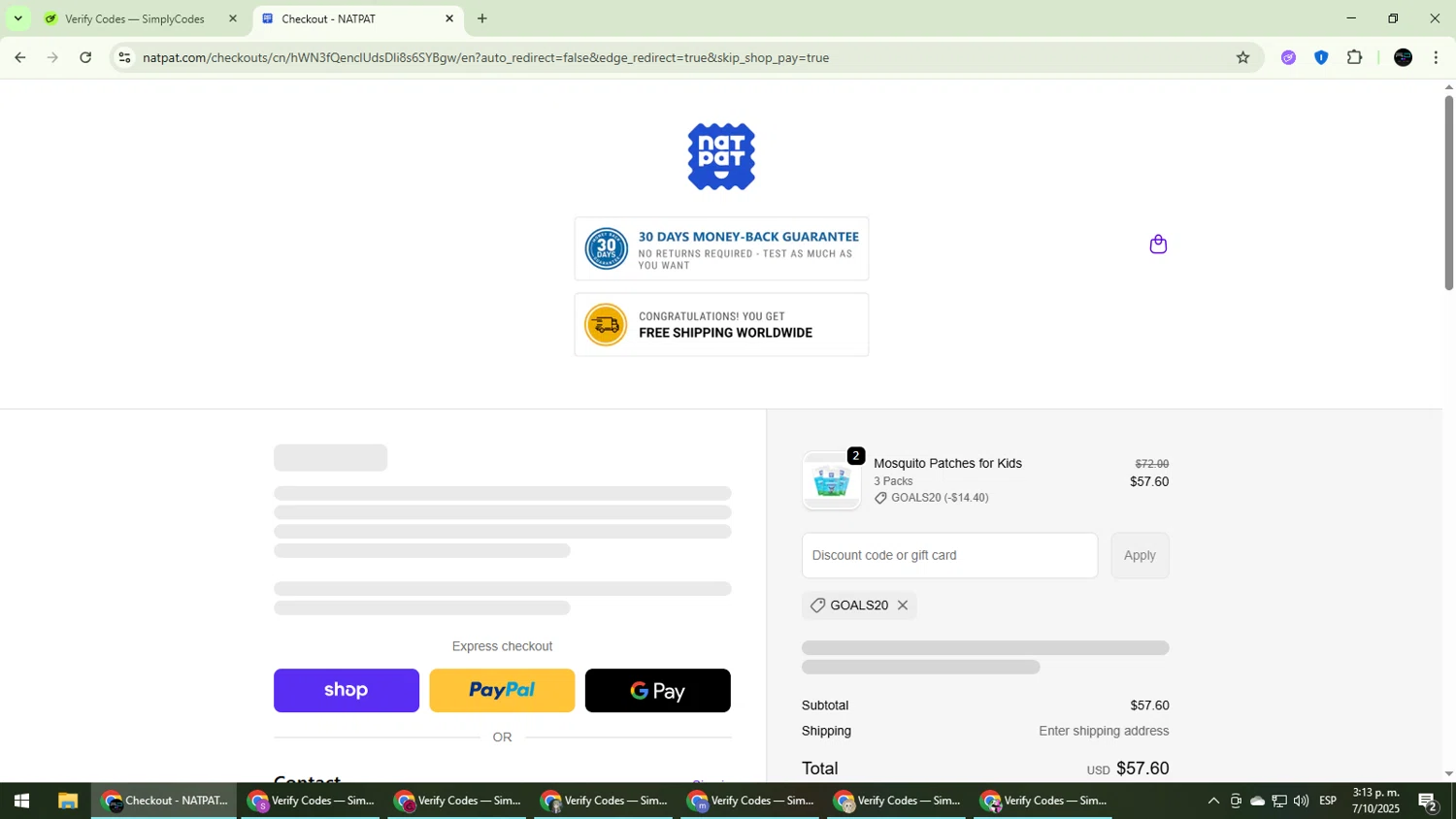 NATPAT AU promo code screenshot showing code GOALS20 applied at NATPAT AU checkout page. Uploaded by SimplyCodes community member CarmenVGR on Oct 7, 2025