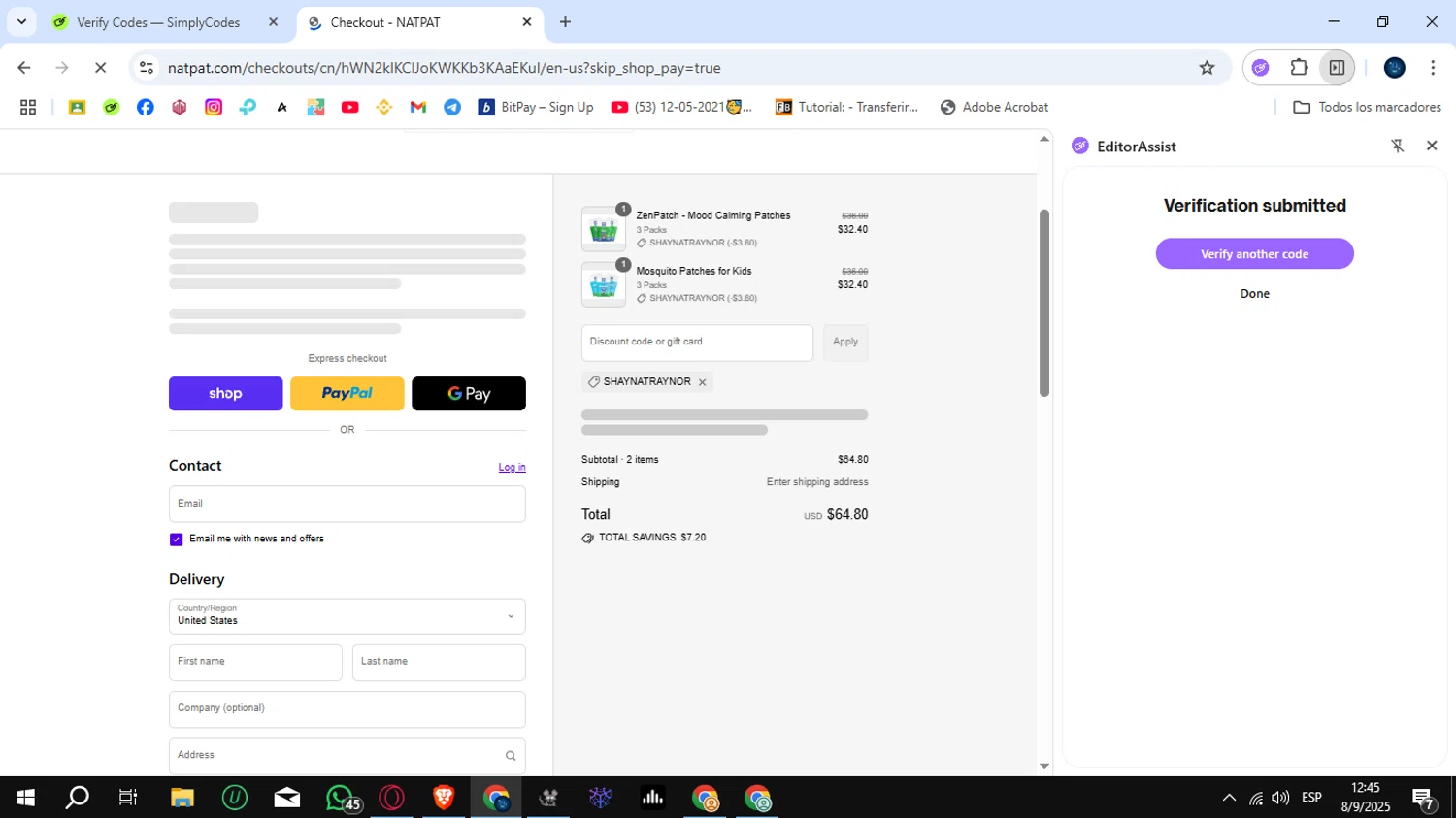 NATPAT AU promo code screenshot showing code SHAYNATRAYNOR applied at NATPAT AU checkout page. Uploaded by SimplyCodes community member SunJinWoo on Sep 8, 2025