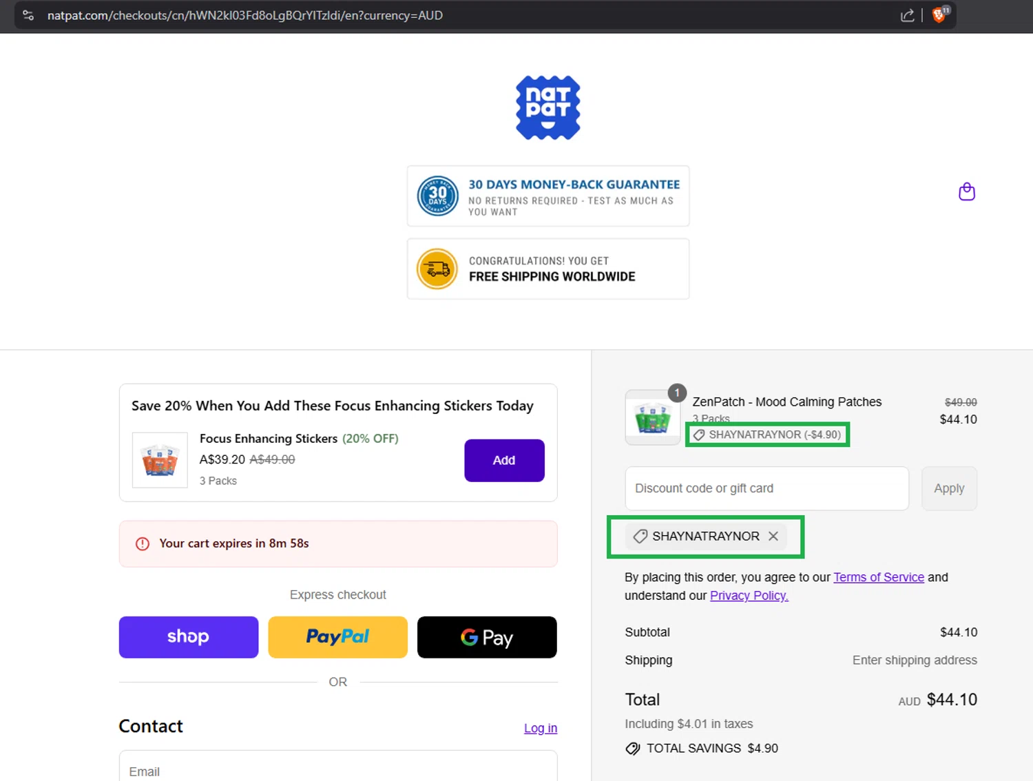 NATPAT AU promo code screenshot showing code SHAYNATRAYNOR applied at NATPAT AU checkout page. Uploaded by SimplyCodes community member pablorobertocubaszan on Sep 8, 2025