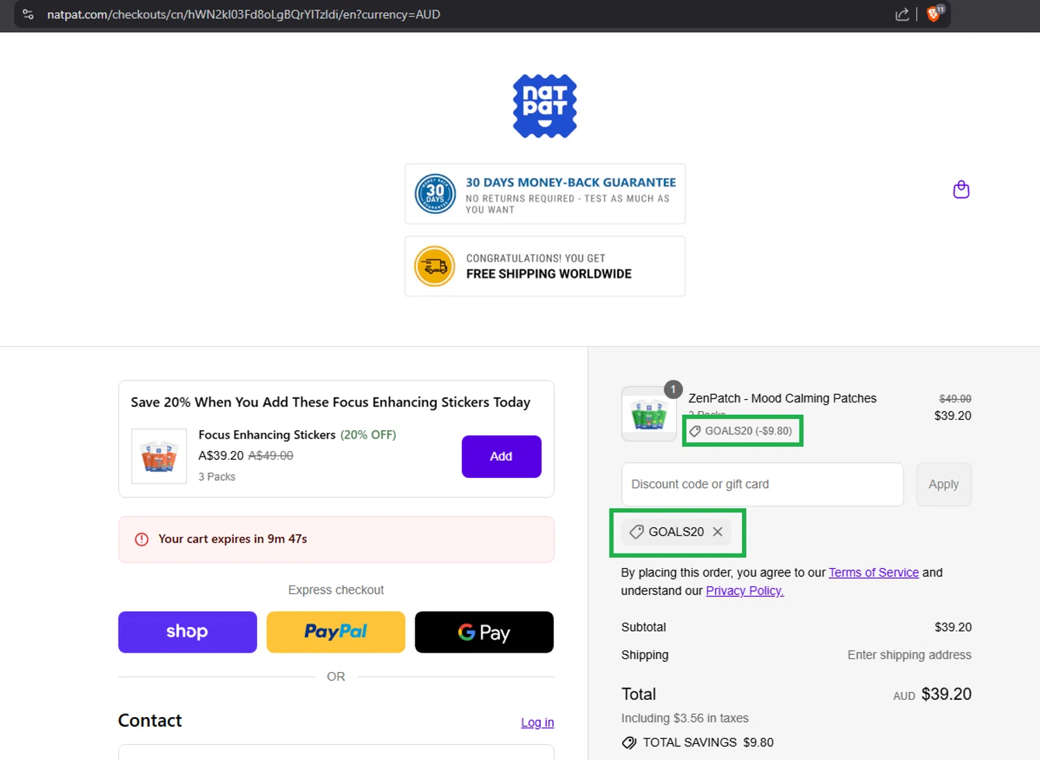 NATPAT AU promo code screenshot showing code GOALS20 applied at NATPAT AU checkout page. Uploaded by SimplyCodes community member pablorobertocubaszan on Sep 8, 2025