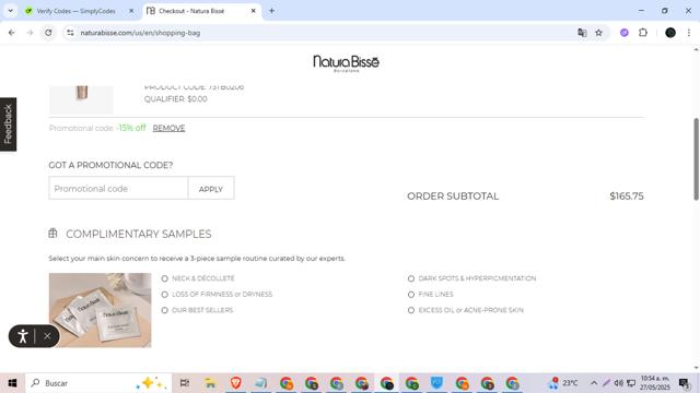 Natura Bisse checkout page showing Natura Bisse promo code box | Screenshot taken by SimplyCodes community member on May 27, 2025