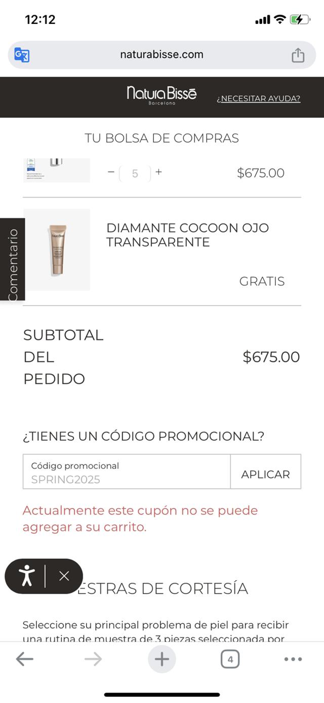 Natura Bisse checkout page showing Natura Bisse promo code box | Screenshot taken by SimplyCodes community member on May 14, 2025
