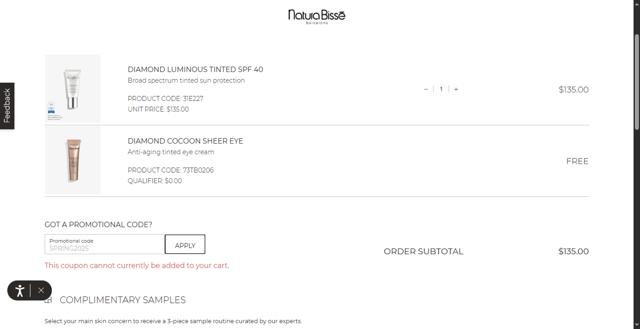 Natura Bisse checkout page showing Natura Bisse promo code box | Screenshot taken by SimplyCodes community member on May 14, 2025