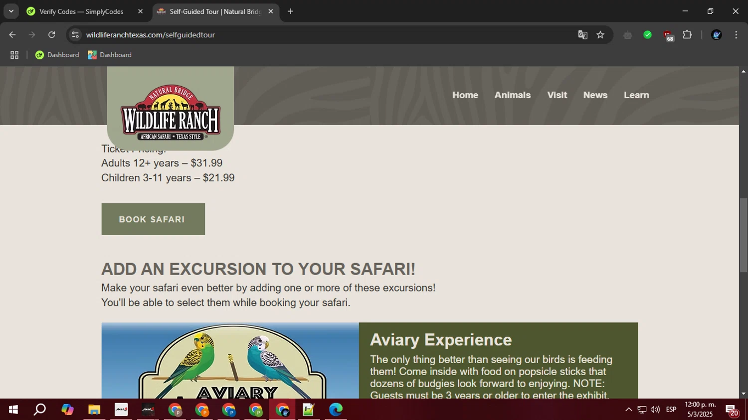 Natural Bridge Wildlife Ranch coupon code screenshot showing code SPRING15 applied at Natural Bridge Wildlife Ranch checkout page. Uploaded by SimplyCodes community member BudgetOwl2519 on Mar 5, 2025