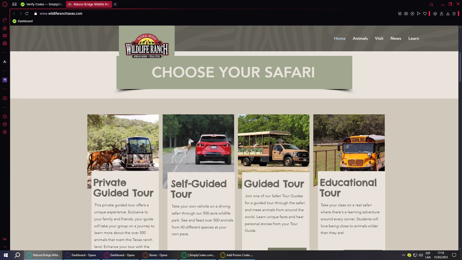 Natural Bridge Wildlife Ranch coupon code screenshot showing code SPRING15 applied at Natural Bridge Wildlife Ranch checkout page. Uploaded by SimplyCodes community member ValueWarden4201 on Mar 15, 2025