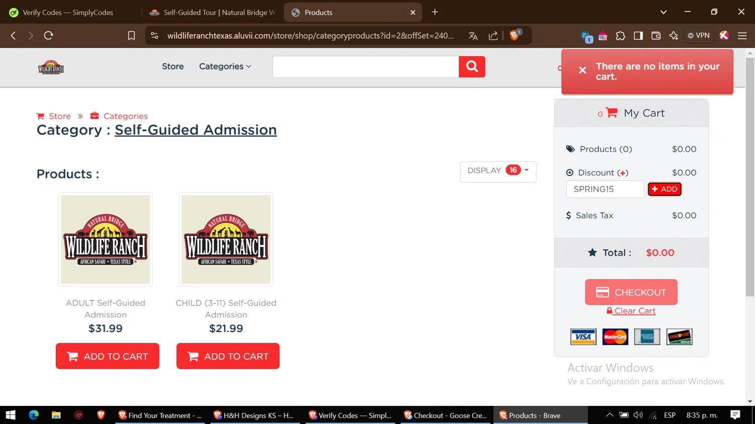 Natural Bridge Wildlife Ranch checkout page showing Natural Bridge Wildlife Ranch coupon code box | Screenshot taken by SimplyCodes community member on Jan 17, 2025