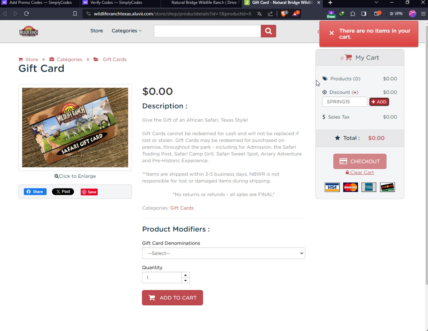 Natural Bridge Wildlife Ranch checkout page showing Natural Bridge Wildlife Ranch coupon code box | Screenshot taken by SimplyCodes community member on Dec 22, 2023