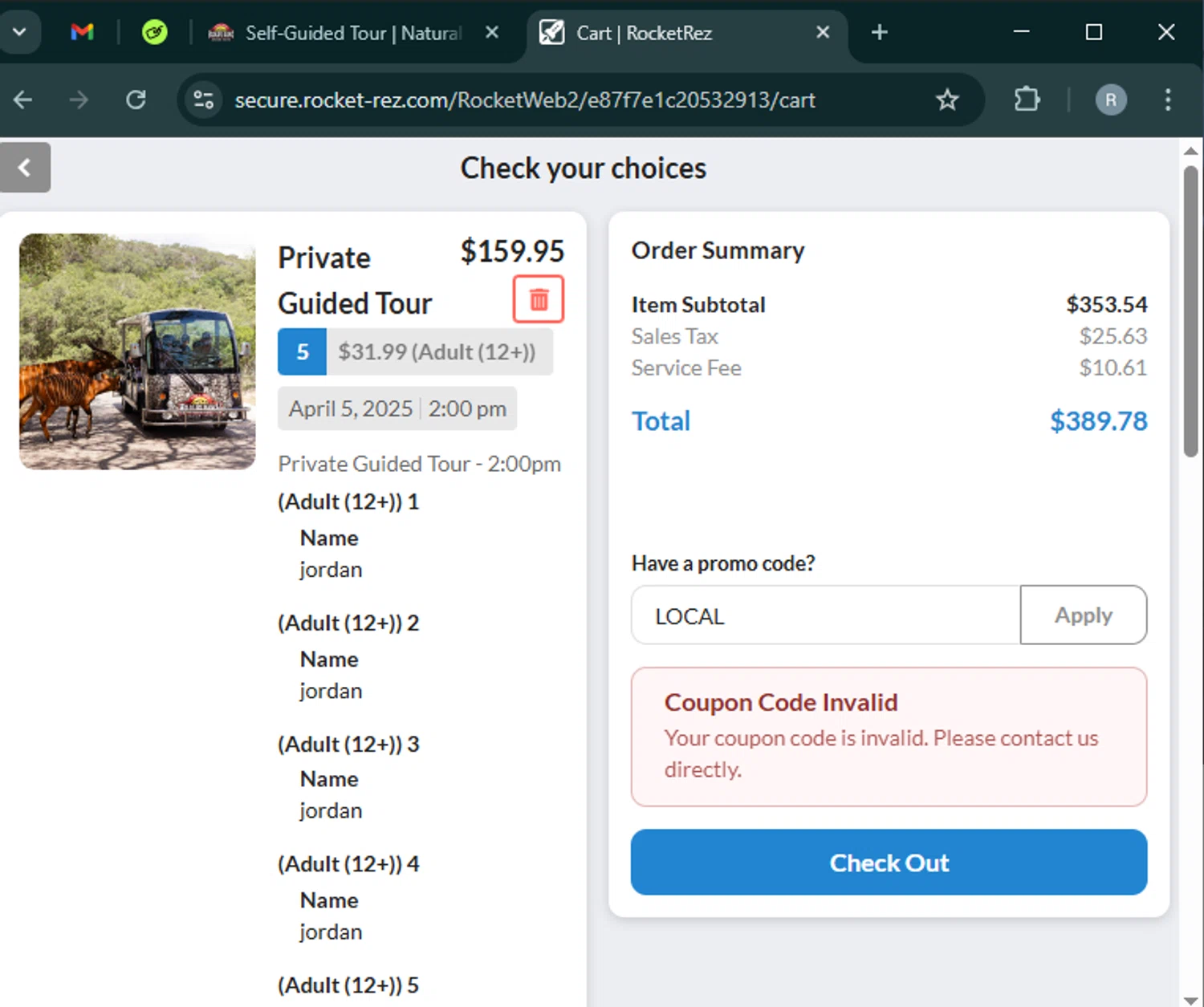 Natural Bridge Wildlife Ranch coupon code screenshot showing code LOCAL applied at Natural Bridge Wildlife Ranch checkout page. Uploaded by SimplyCodes community member PrimeWhiz5416 on Mar 16, 2025
