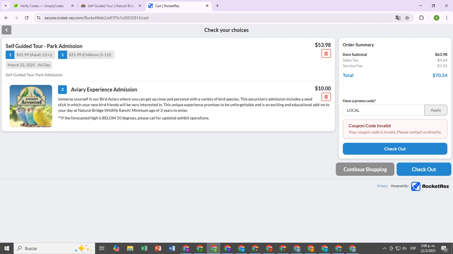 Natural Bridge Wildlife Ranch coupon code screenshot showing code LOCAL applied at Natural Bridge Wildlife Ranch checkout page. Uploaded by SimplyCodes community member RewardOwl2444 on Mar 22, 2025