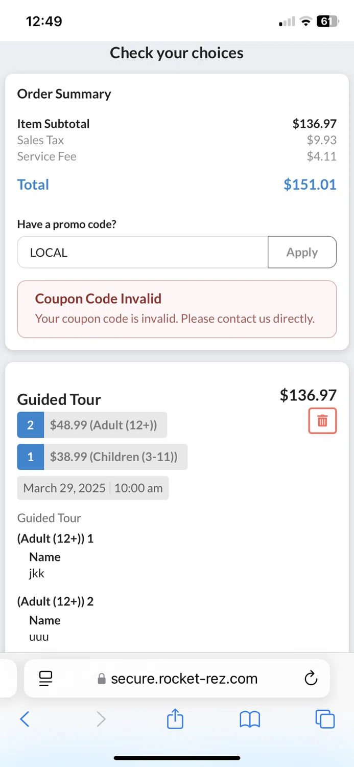 Natural Bridge Wildlife Ranch coupon code screenshot showing code LOCAL applied at Natural Bridge Wildlife Ranch checkout page. Uploaded by SimplyCodes community member QuestSage1300 on Mar 16, 2025