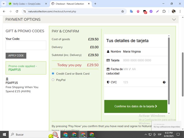 Natural Collection checkout page showing Natural Collection promo code box | Screenshot taken by SimplyCodes community member on Jun 30, 2025