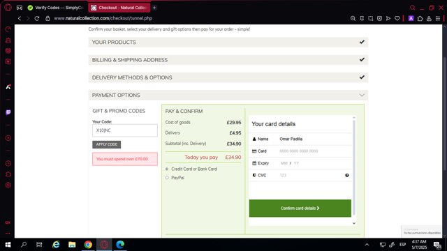 Natural Collection checkout page showing Natural Collection promo code box | Screenshot taken by SimplyCodes community member on May 7, 2025